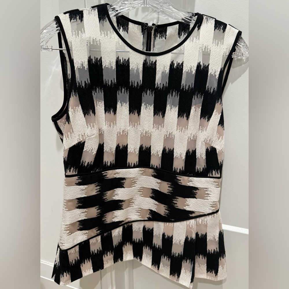 BCBGMaxAzria Vintage Stunning Textured Jacquard Sheer Mesh Abstract PeplumTop Sm